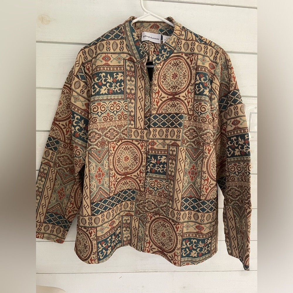 Alfred Dunner size 18 Tapestry zip up lightweight jacket blue red office layer